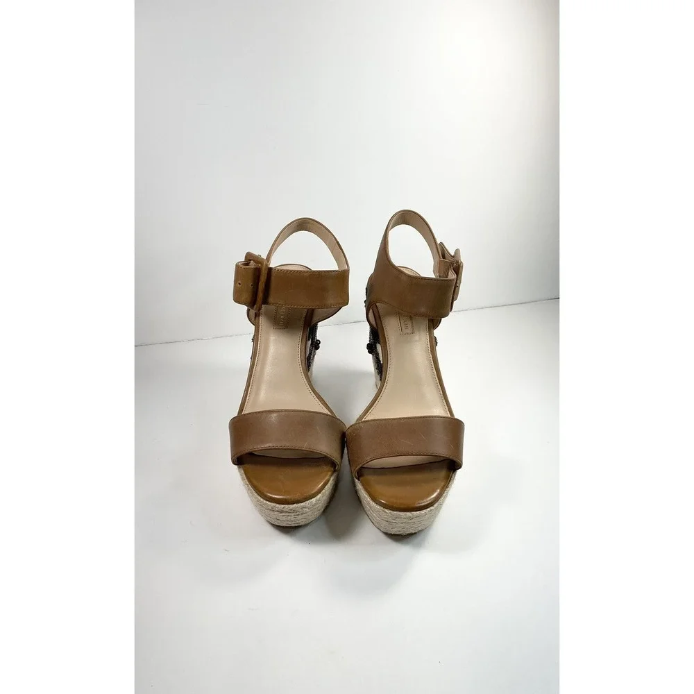 Antonio Melani Espadrille Platform Heels Tan Leather embellished Heel Size 6M